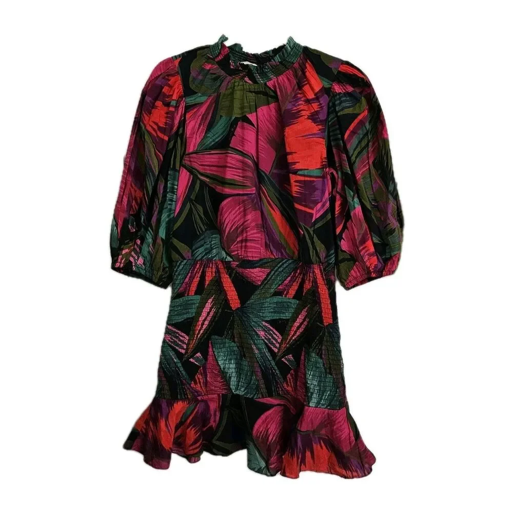 Farm Rio Midnight Leaves Mini‎ Dress Small Floral Print Smocked Short Sleeve
